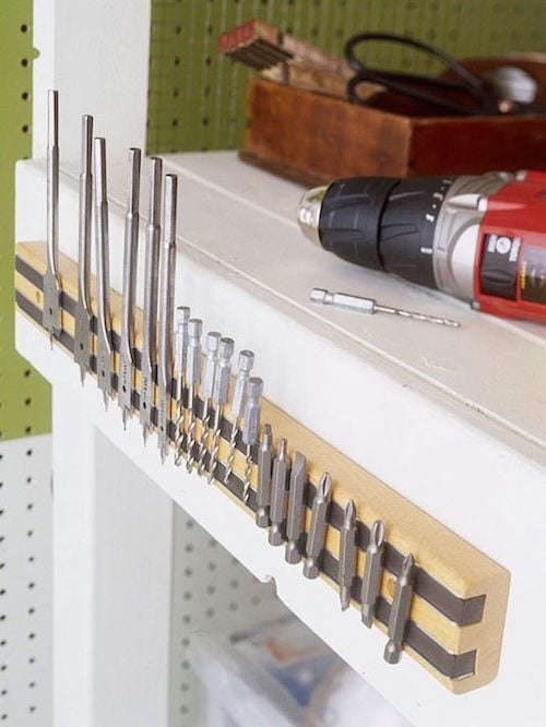 Magnetic Strips for Drill Bits garage organization idea