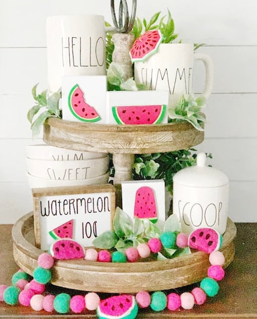 Watermelon, Summer Tiered Trey Decor Under $5 - HOME DECOR using Dollar  Tree Items!