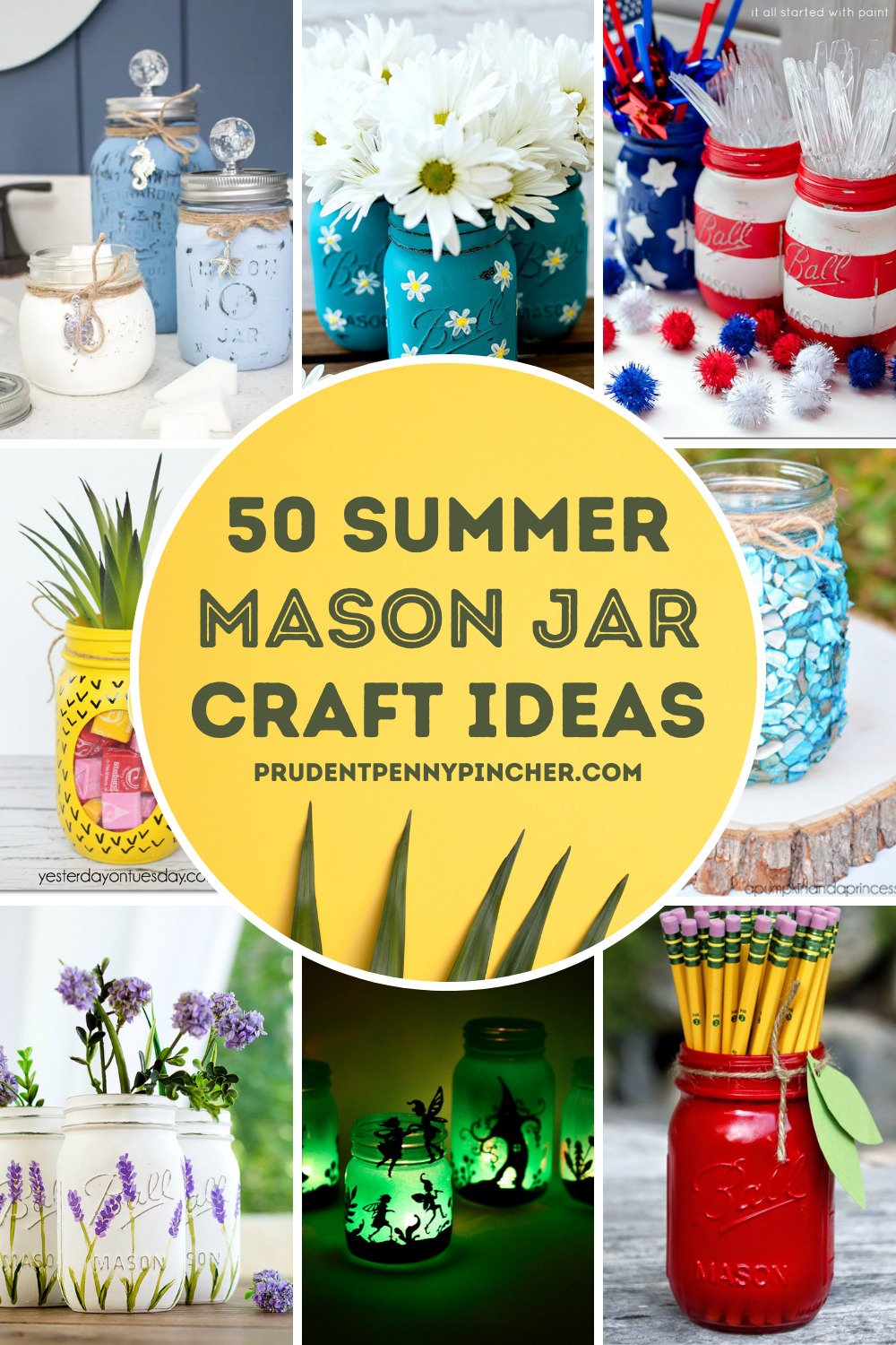 collage of various summer mason jar crafts