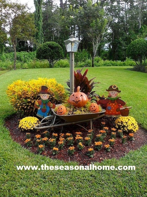 Autumn outdoor decoration with wheelbarrow and autumn flowers