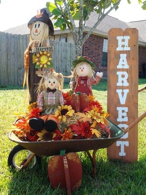 Harvest Wood Sign with Wheelbarrow Display