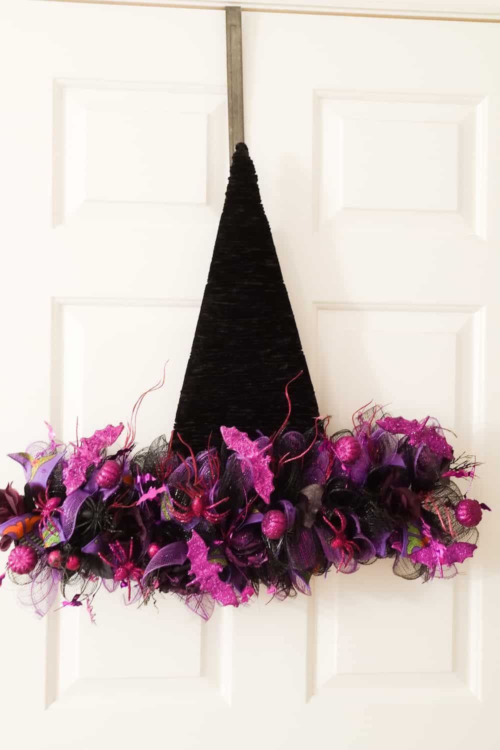 black and purple DIY witch hat halloween wreath door decoration