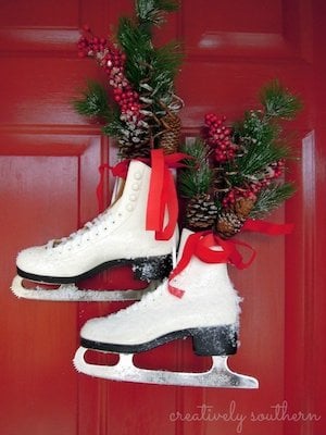 Decorate your front door with ice skates for Christmas