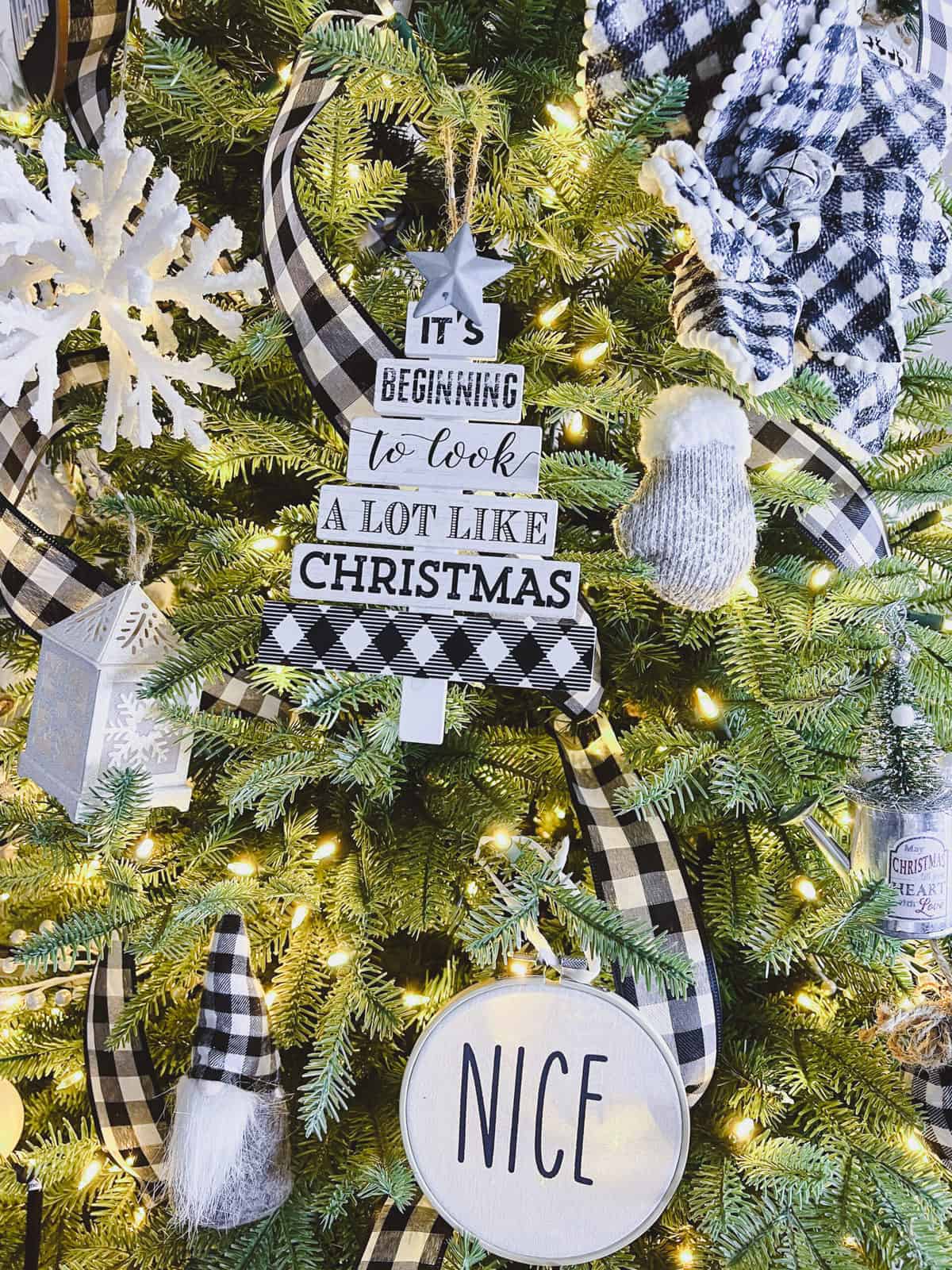 close up of christmas ornaments on the farmhouse Christmas tree