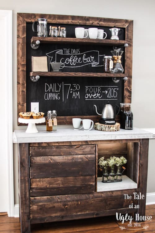 Rustic coffee bar built with chalkboard walls