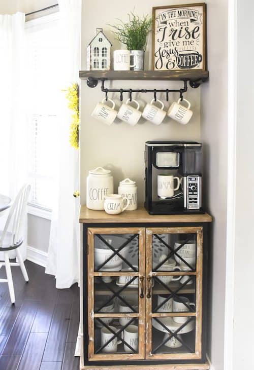 Farmhouse coffee bar with DIY floating shelves and mug rack