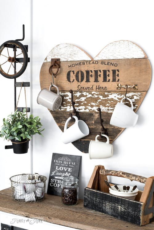     Reclaimed wood junk heart mug rack