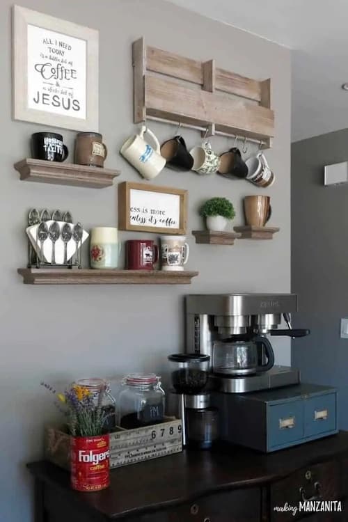 home coffee station with floating shelves