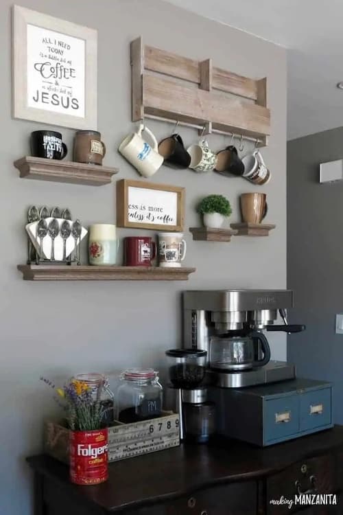 Home coffee station with floating shelf