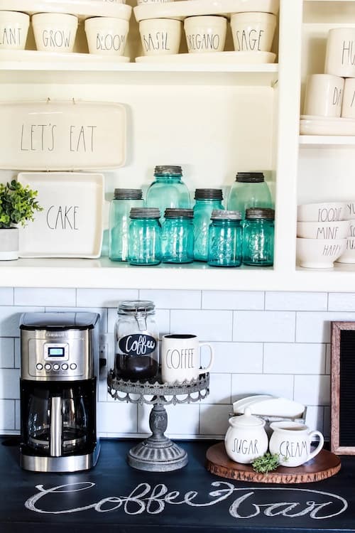 rae Dunn coffee station with chalkboard