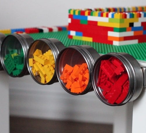 lego organization table with magnetic tin holders for legos