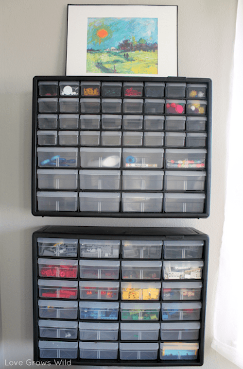 Wall Mounted lego organization with drawers