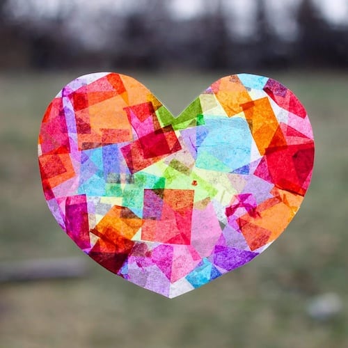 rainbow hearts sun catcher Valentine's Day craft for kids