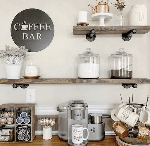 industrial farmhouse wood coffee station with floating shelves