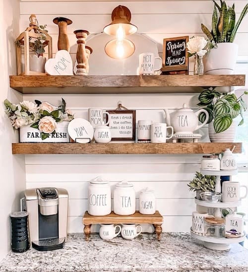 Farmhouse Kitchen Coffee Bar Decor with wall shelves