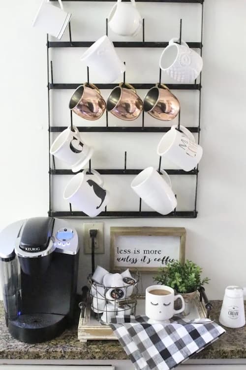 Kitchen coffee station with wall coffee mug rack