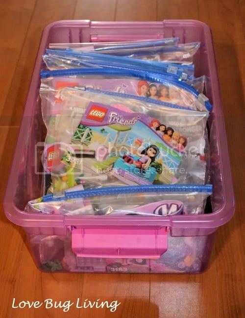 Ziploc Lego Kits in Plastic Bin