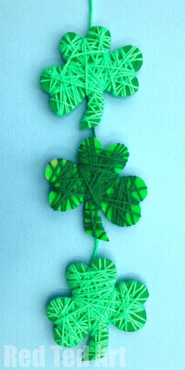 yarn wrapped shamrocks st patrick’s day craft for kids