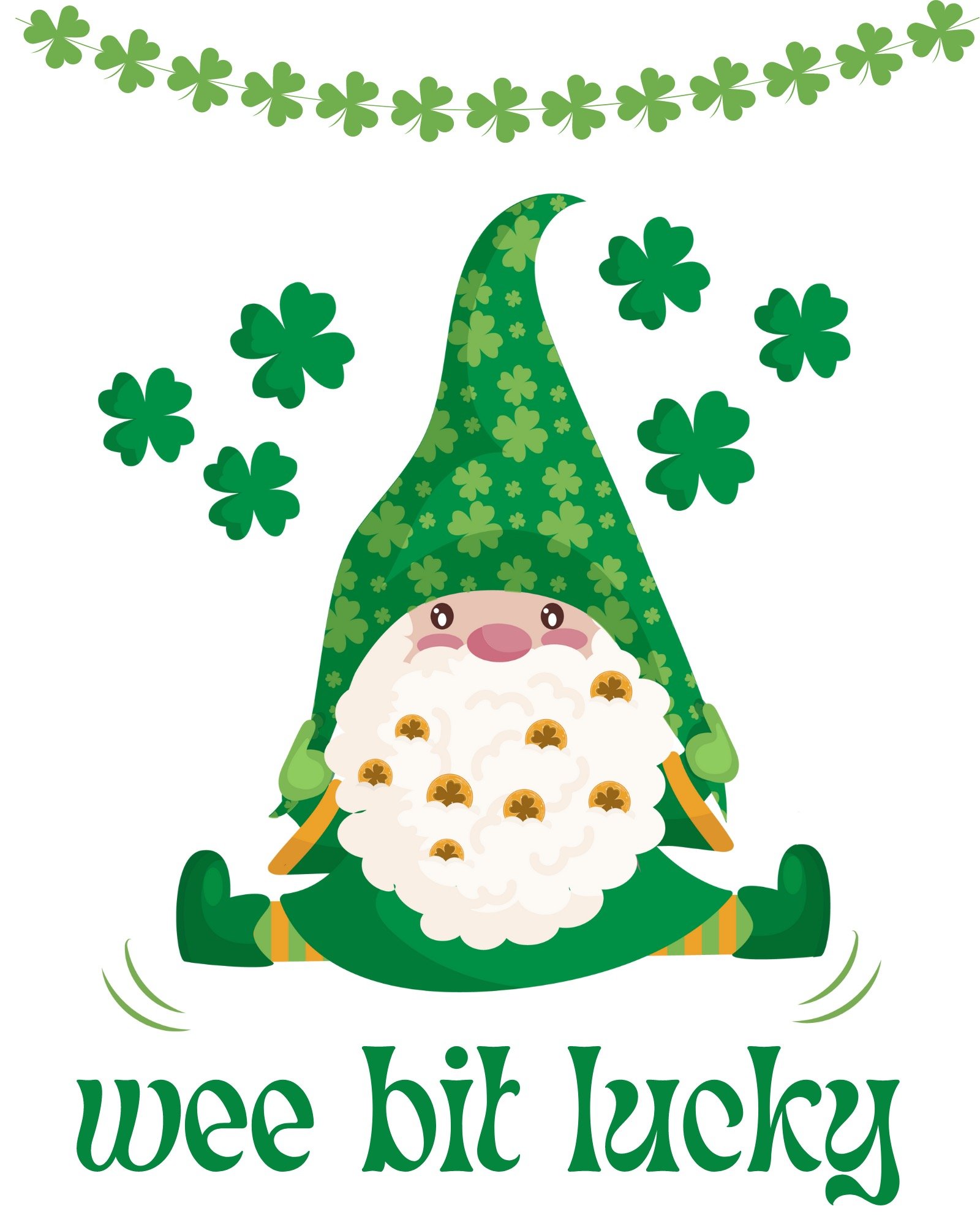 gnome and shamrocks with phrase "wee bit lucky"