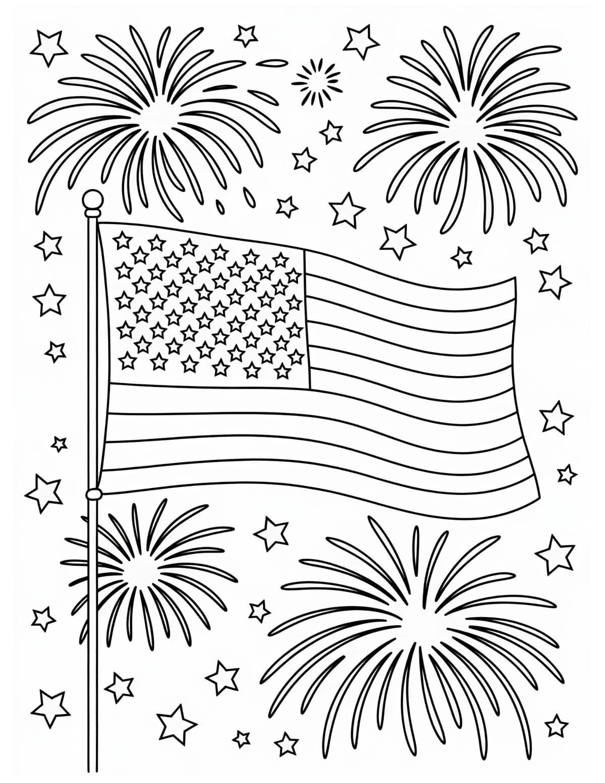 American flag, fireworks, and stars