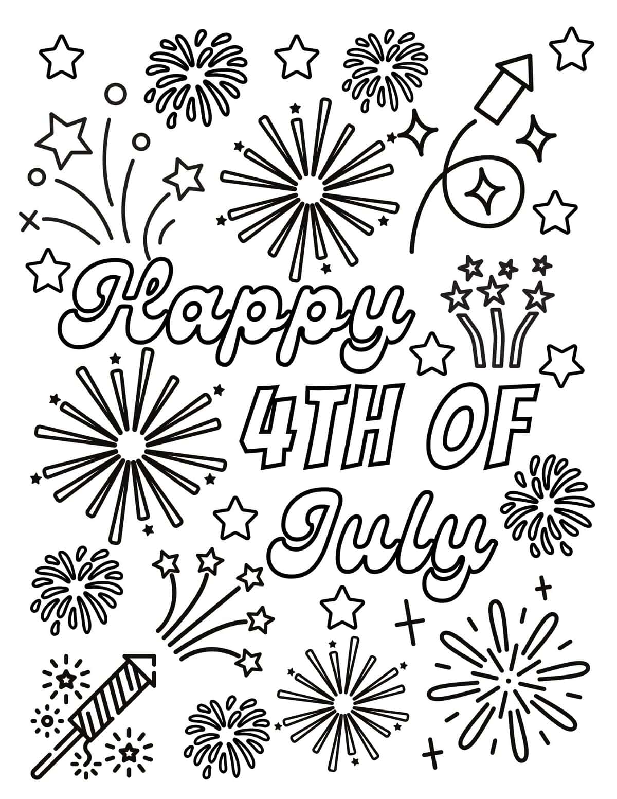 Happy 4th of July coloring page with fireworks, rockets, and stars