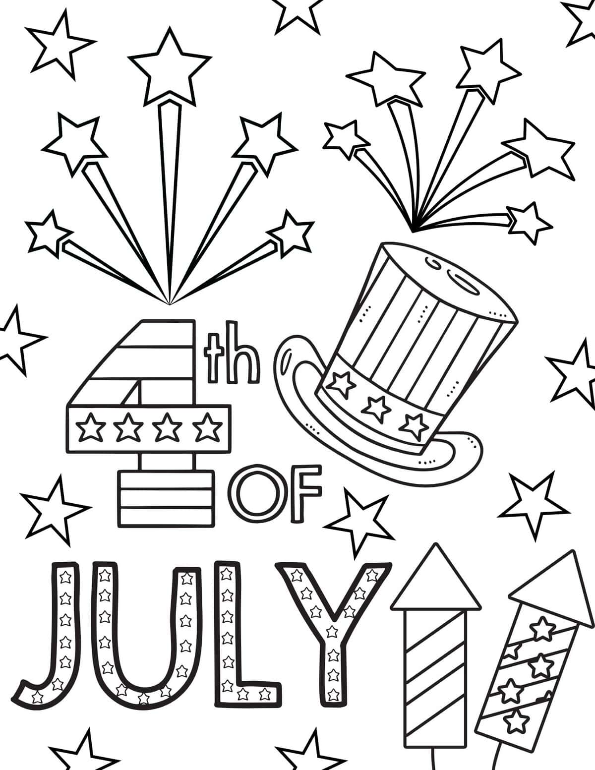 4th of July coloring page with rockets and Uncle Sam hat