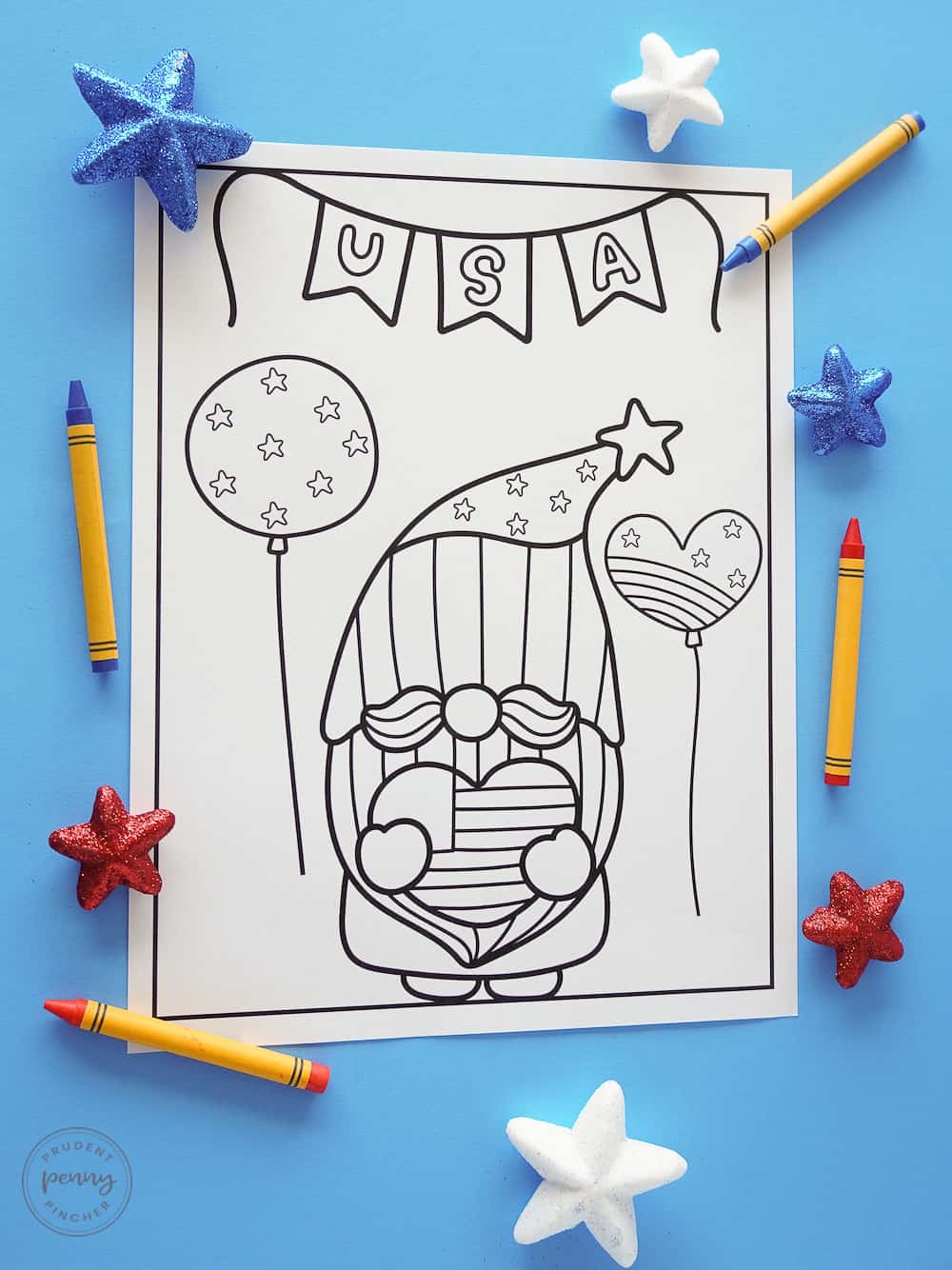 usa banner with gnome holding us flag heart and patriotic balloons
