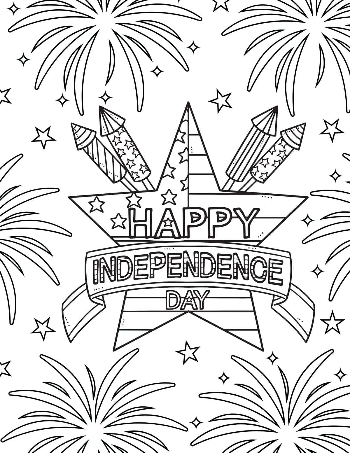 Happy Independence Day coloring page with fireworks, rockets, and banner