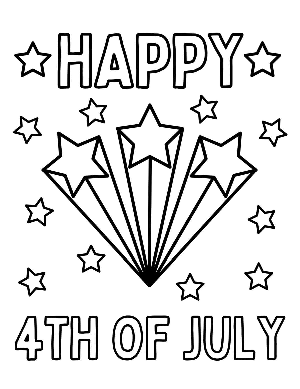Happy 4th of July coloring page with shooting stars