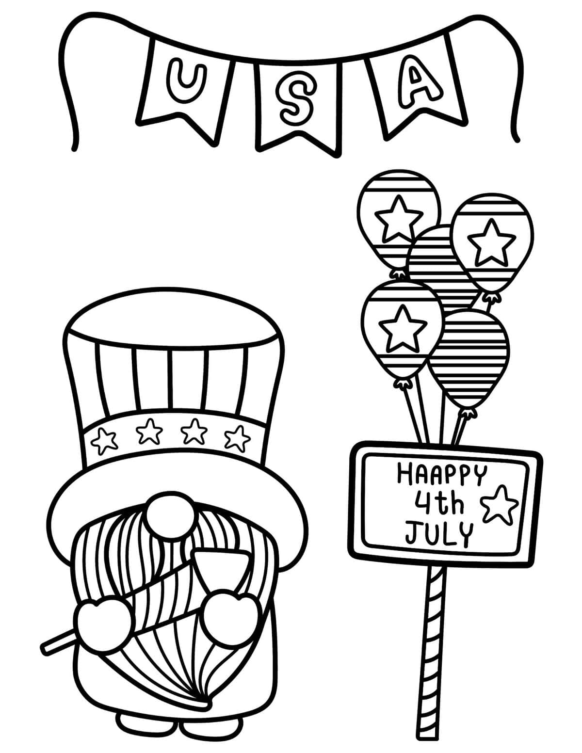 4th of July gnome coloring page with balloons and party sign