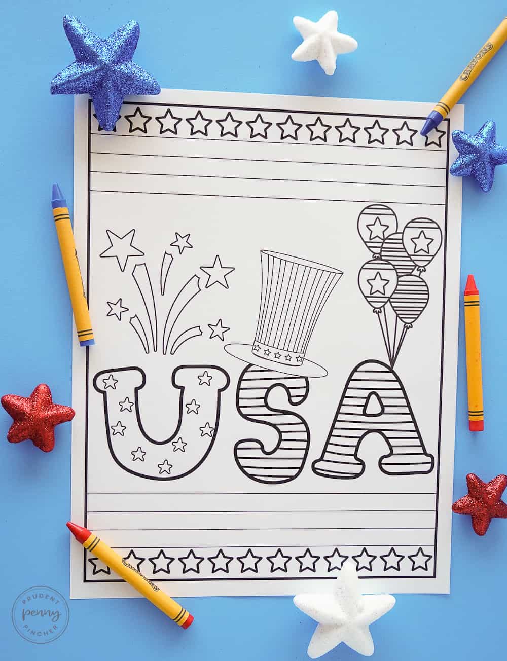usa words with fireworks, uncle sam hat and patriotic balloons