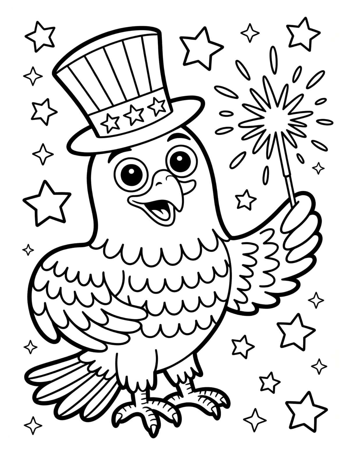 Patriotic eagle coloring page with Uncle Sam hat and sparkler