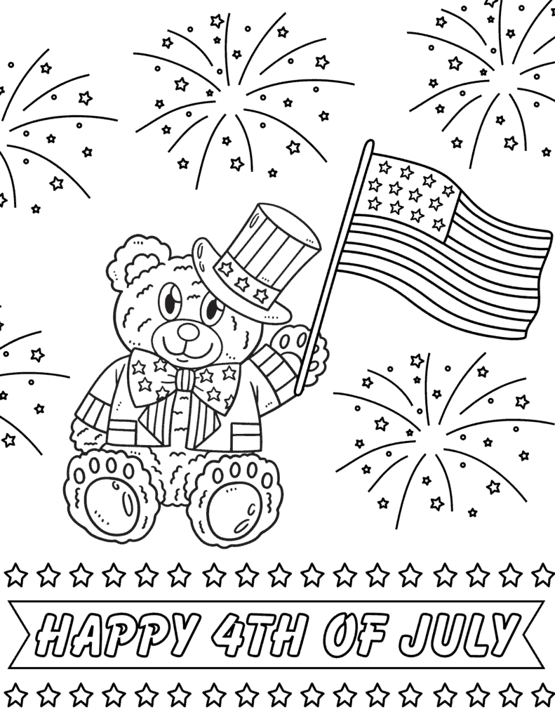 patriotic bear with american flag and fireworks in the background