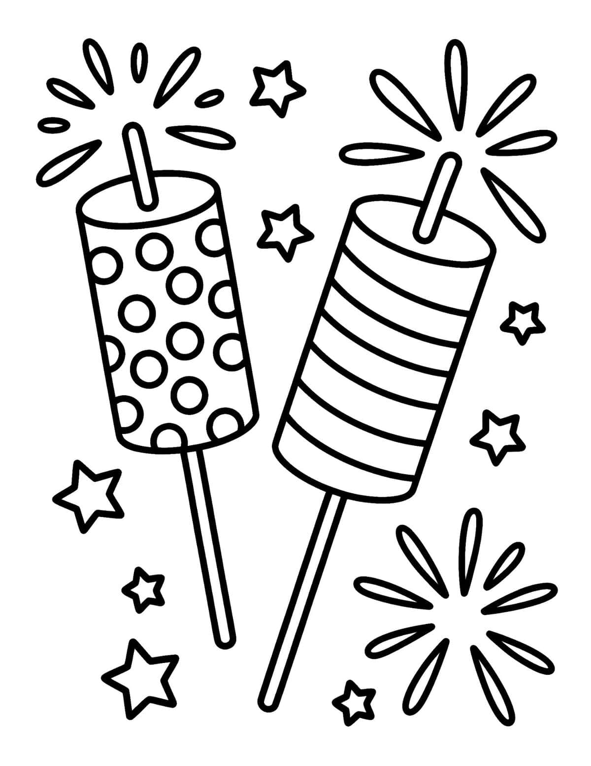 Firecracker coloring page with stars and fireworks