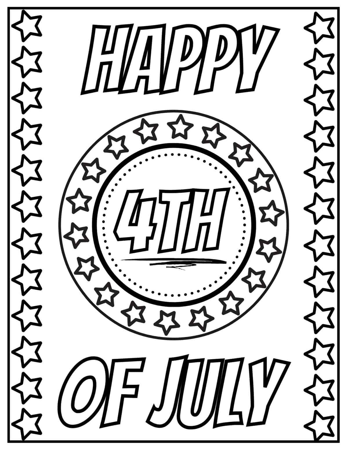 happy 4th of July coloring page with a star border