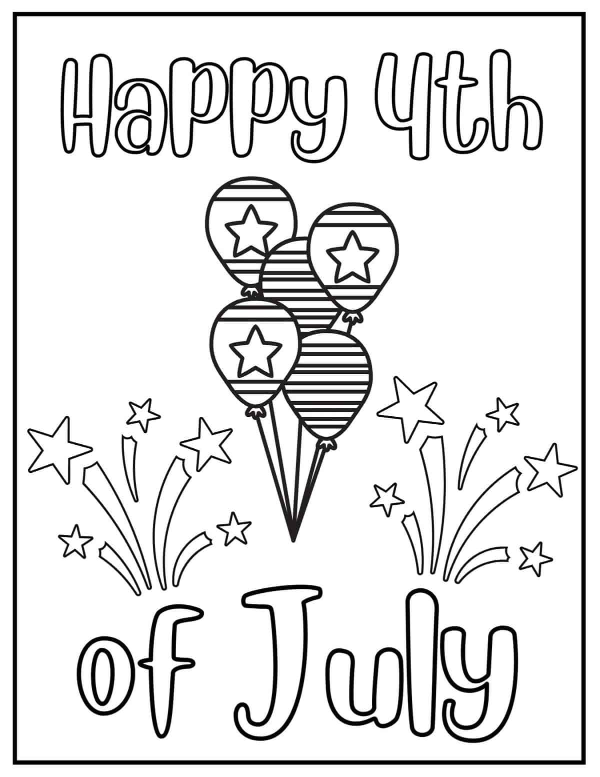 Independence Day coloring sheet with fireworks and balloons