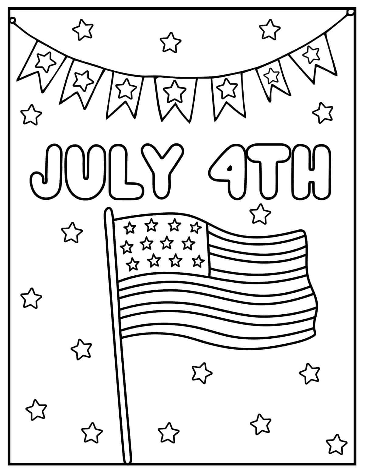 July 4th coloring page with us flag and star banner