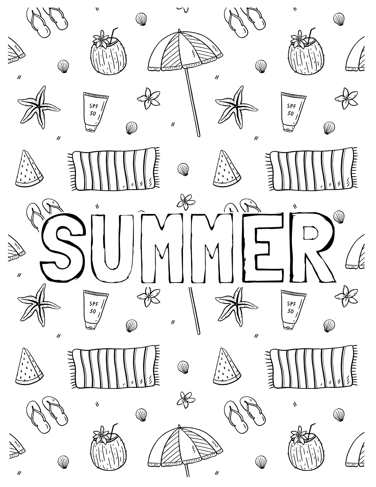 pattern coloring page with beach towels, sunscreen, flip-flops, umbrellas, shells, and watermelon