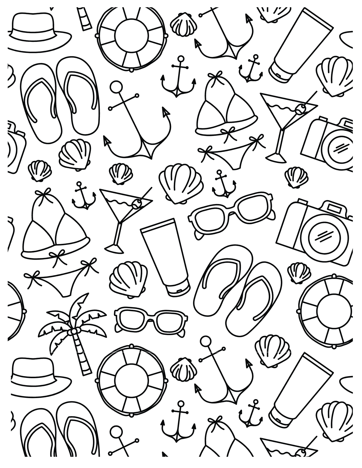 pattern coloring page with flip-flops, anchors, shells, sunglasses, swimsuit, camera, and sun hat