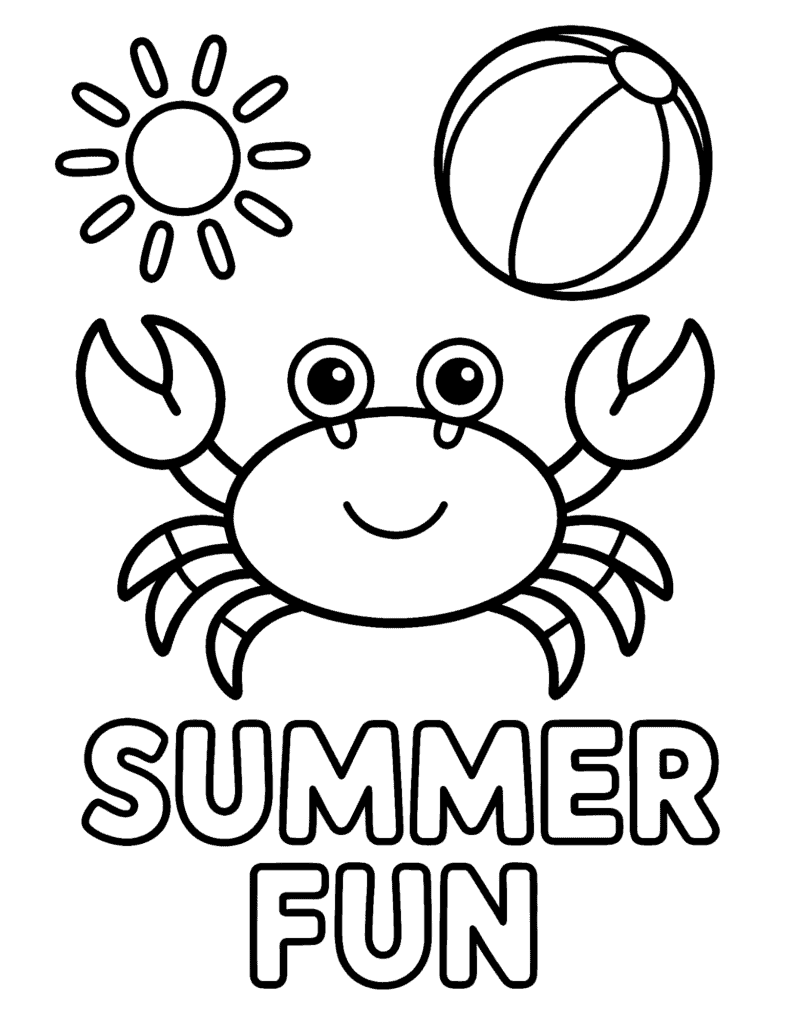 smiling crab, sun, beach ball