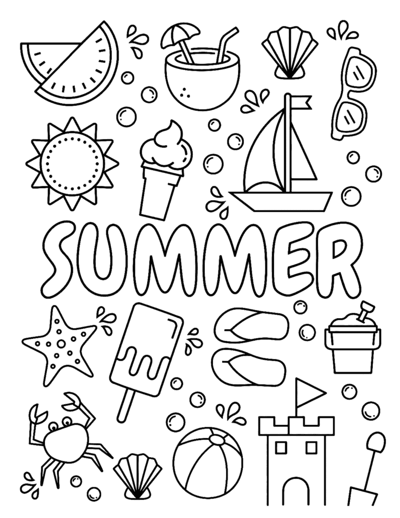 doodle coloring page with beach ball, sailboat, ice cream, crab, shells, flip-flops, and sandcastle