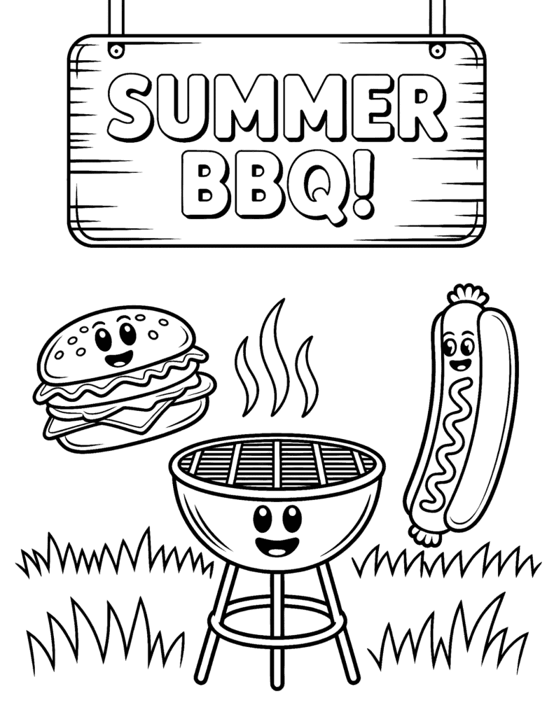 BBQ coloring page with cute grill, hamburger, hot dog, grass, and wooden cookout sign