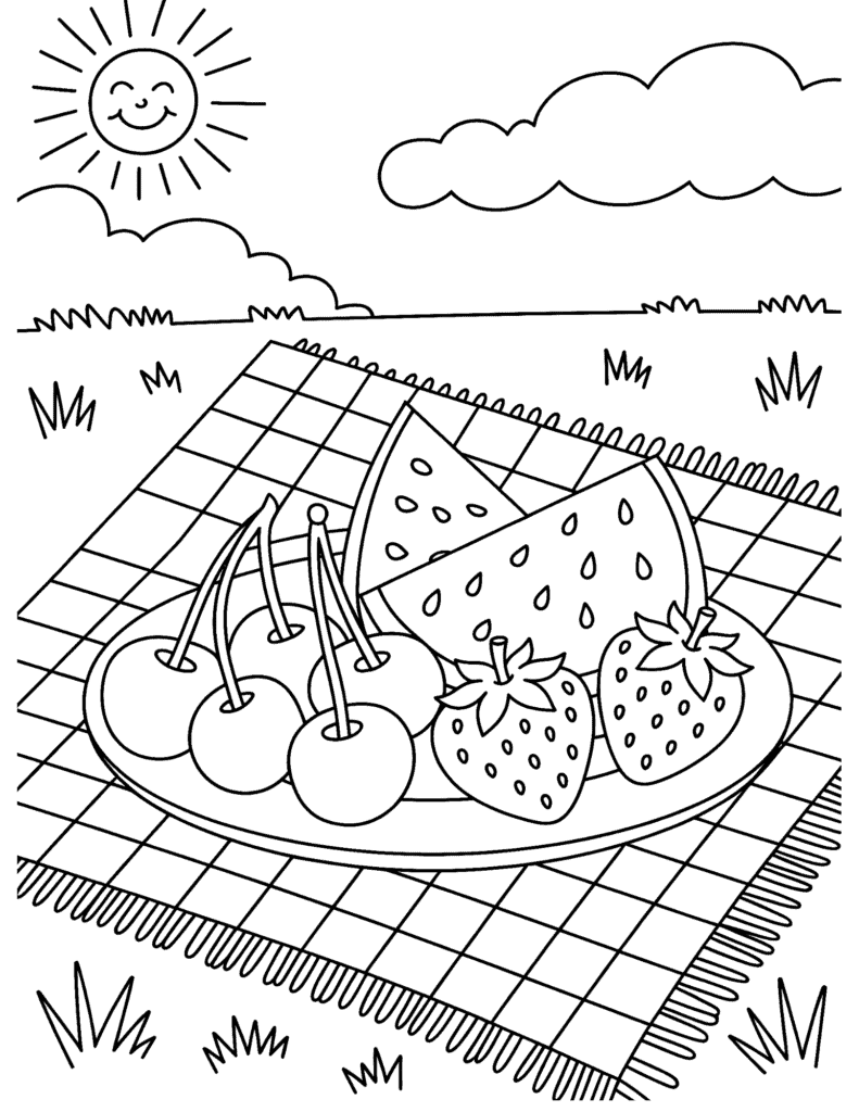 Summer picnic coloring page with watermelon, strawberries, cherries, picnic blanket, sun, and clouds