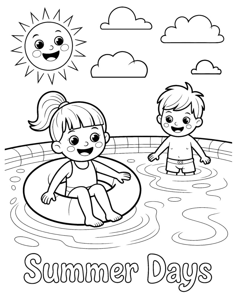 two kids swimming, inner tube, smiling sun, and cloud