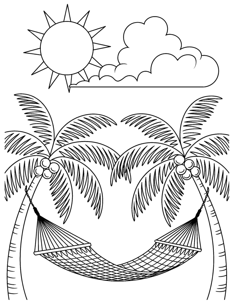 palm trees, hammock, sun, and clouds