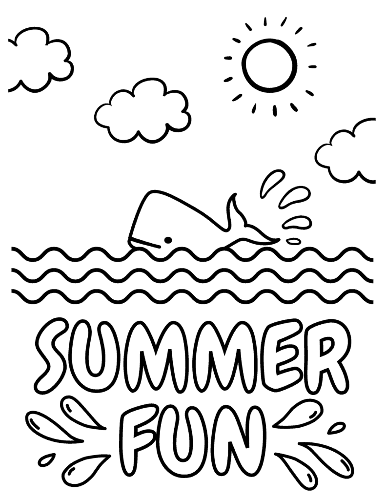 whale coloring page with ocean waves, clouds, sun