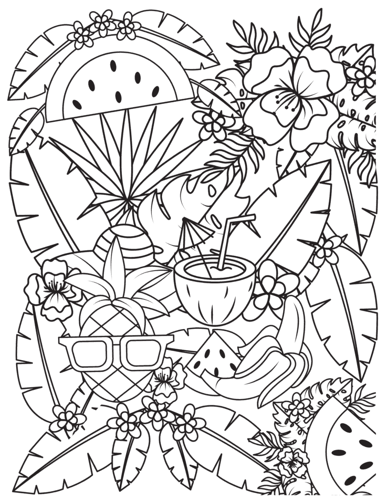 Detailed tropical summer coloring page with palm leaves, hibiscus flowers, fruit, sunglasses, and drink
