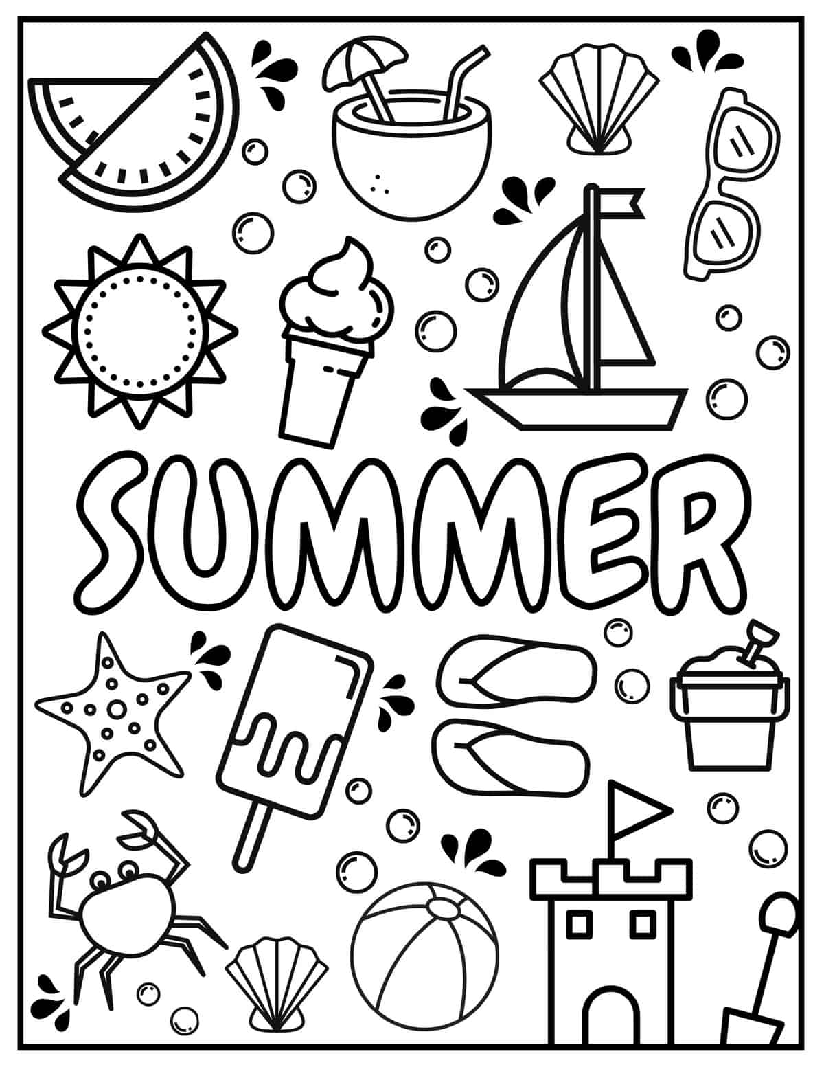 summer coloring page with various summer designs such as flip flops, sailboat, shells, fun