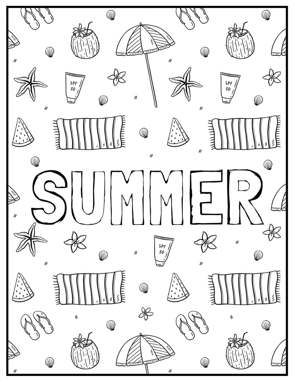 summer beach background coloring page with beach towels, flip flops, umbrellas, shells