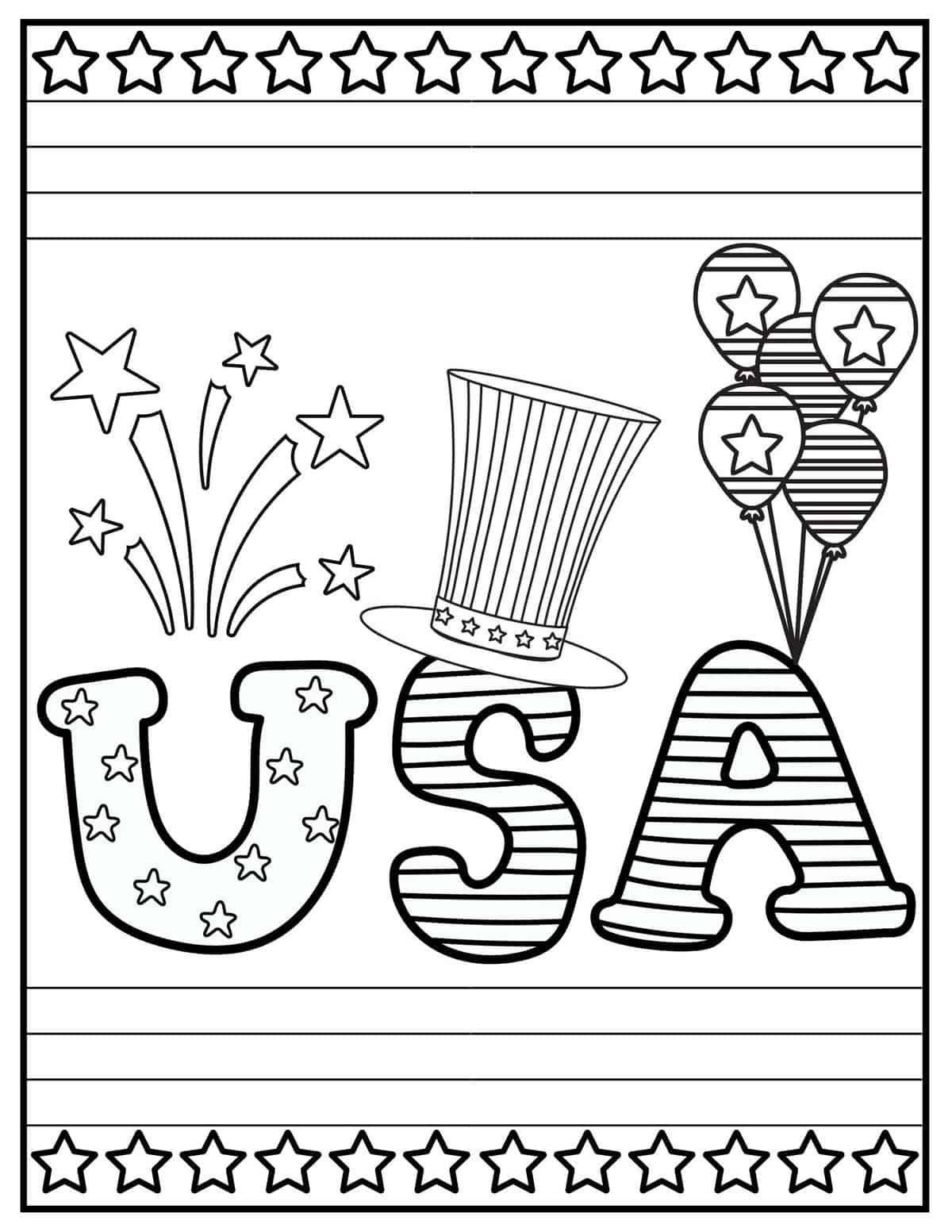 usa words with uncle sam hat, balloons and fireworks
